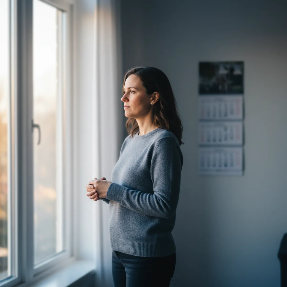 A woman in her early thirties by a window considering the best age to freeze eggs