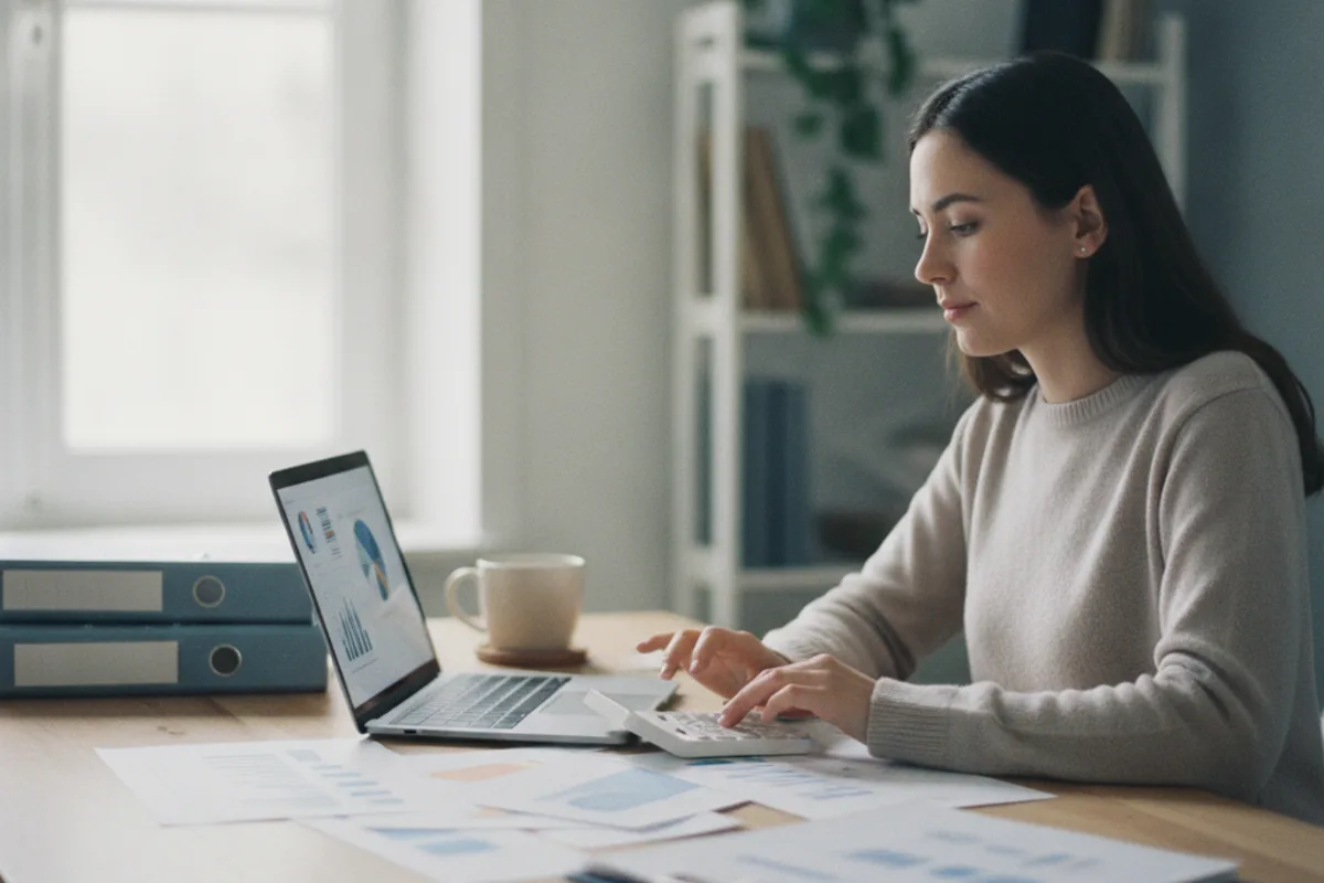 A woman reviewing egg freezing insurance paperwork and a calculator at a home desk