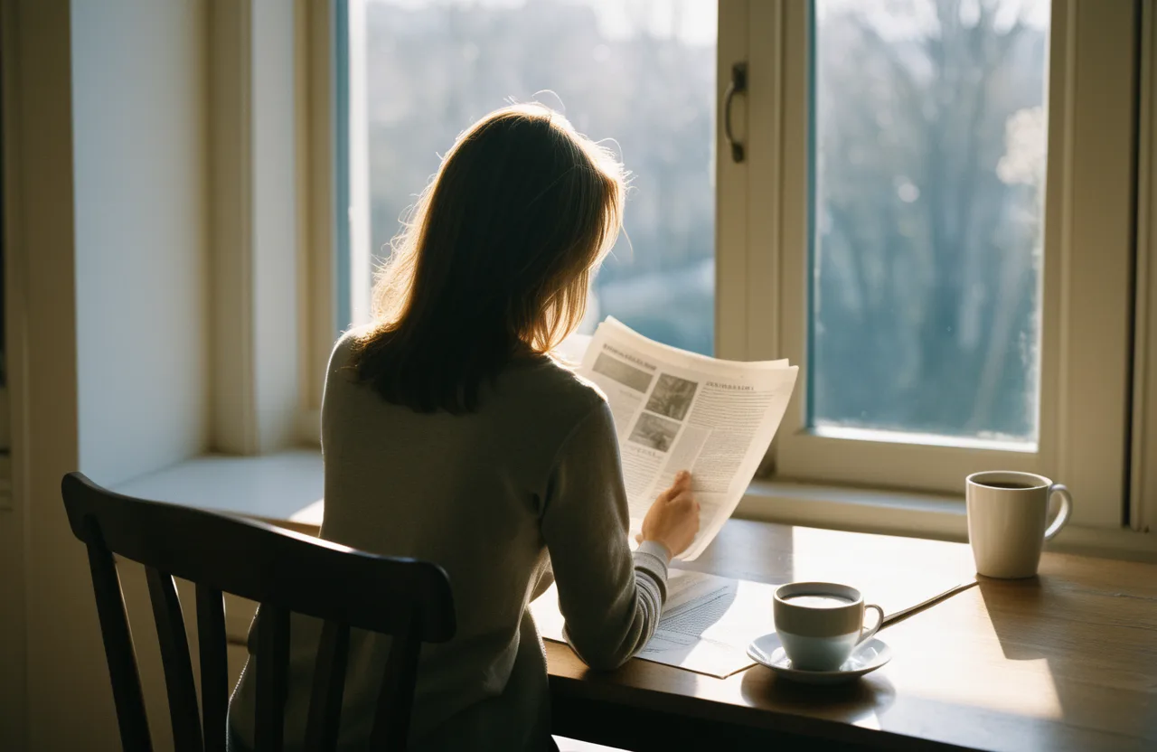 A woman around 35 reading at a sunlit table, weighing a decision calmly