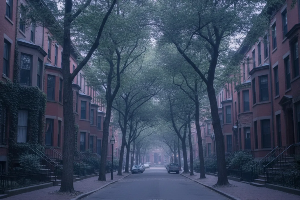 A calm Boston Back Bay street of red-brick brownstones lined with trees in soft morning light
