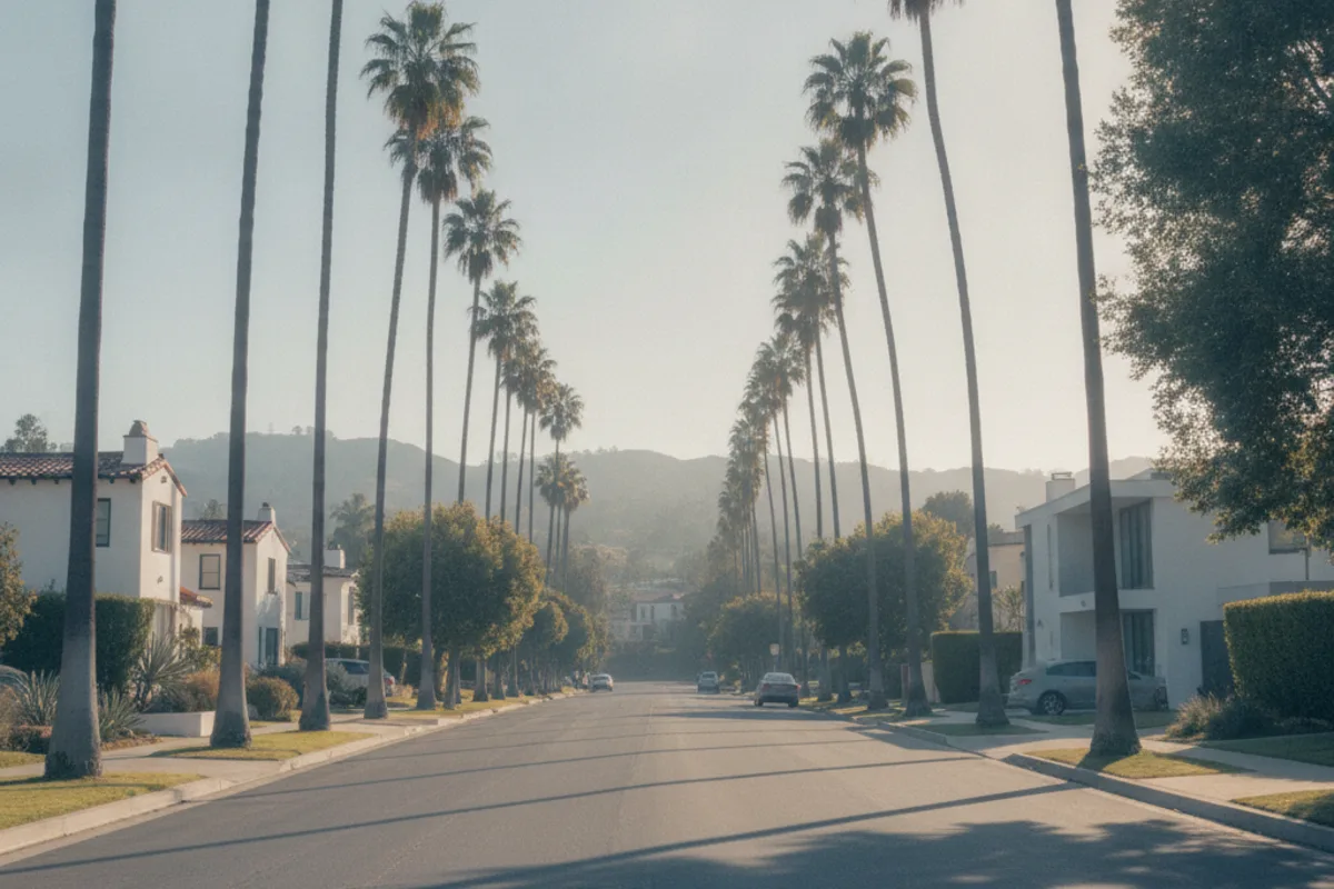 A calm palm-lined Los Angeles residential street in soft morning light, near LA fertility clinics