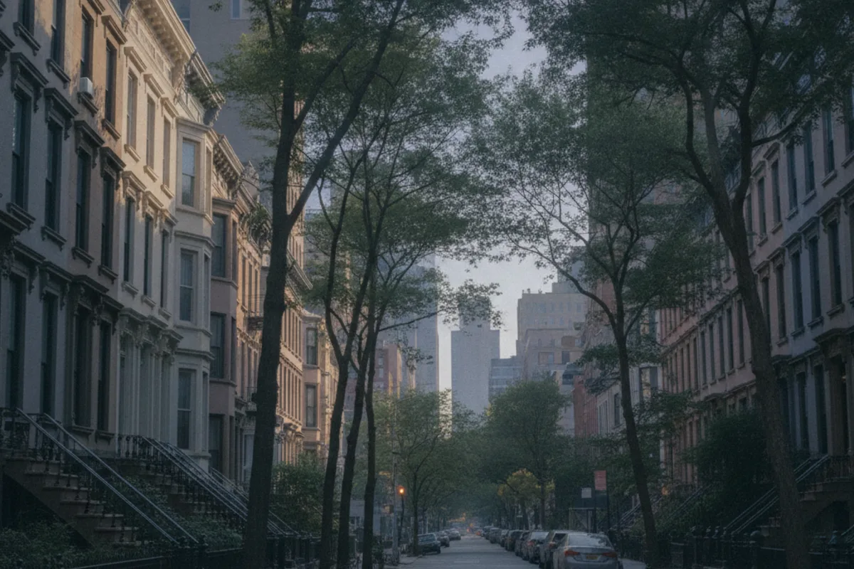 A quiet leafy Manhattan residential street in soft morning light, near New York City fertility clinics