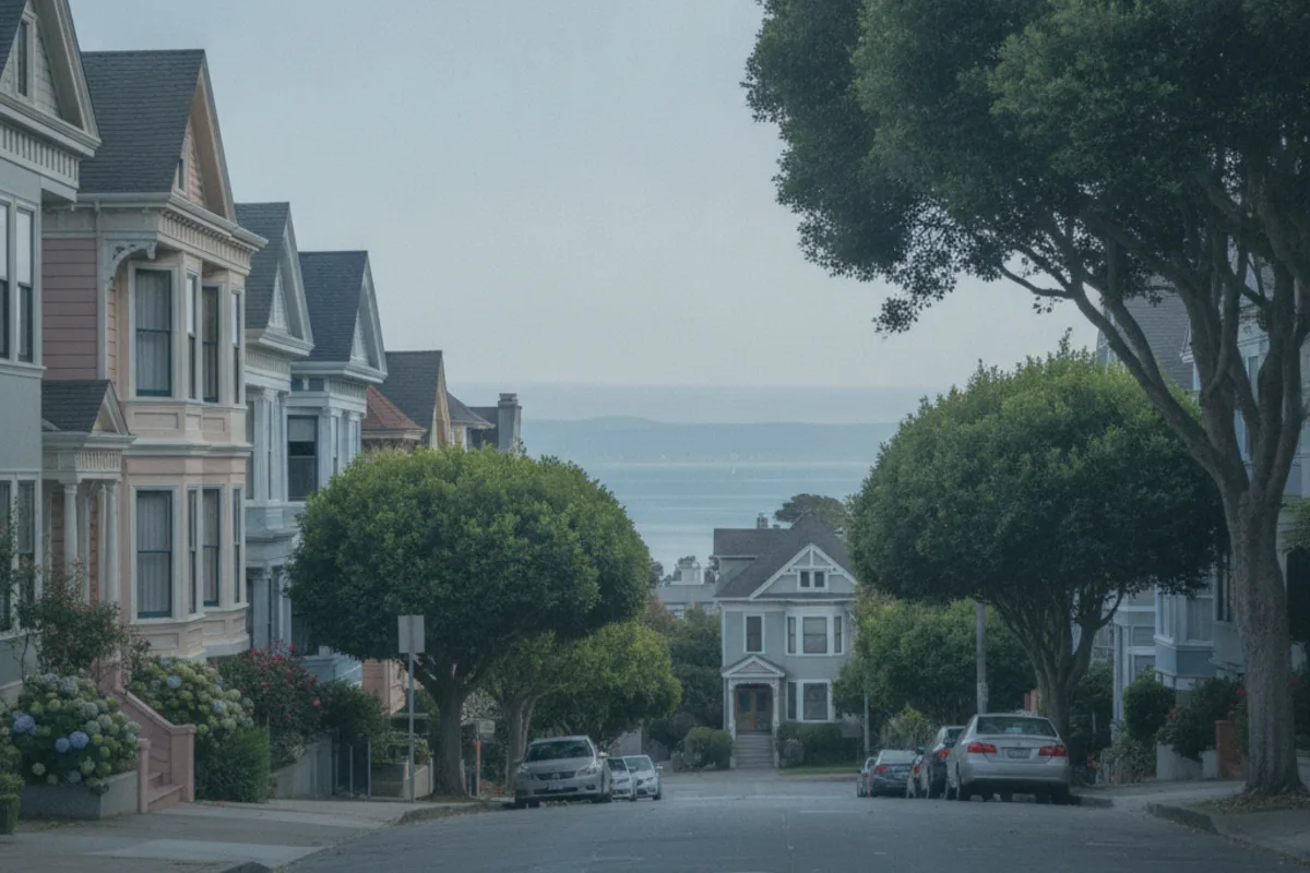 A quiet San Francisco Bay Area residential street with Victorian houses in soft morning light