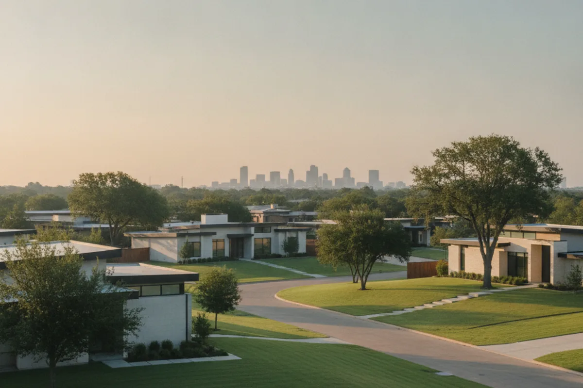 A calm modern Texas residential neighborhood under soft morning light with a distant skyline