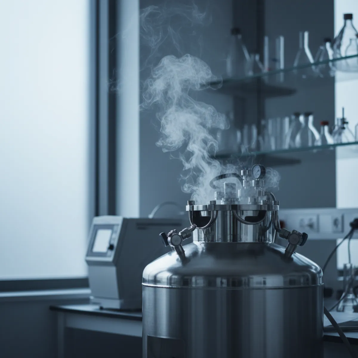 A laboratory cryostorage tank with vapor