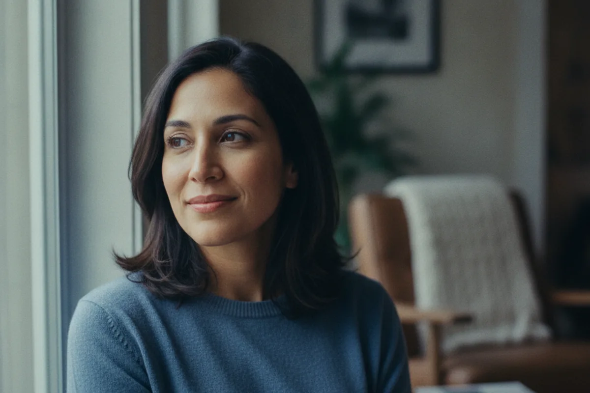 A thoughtful woman in soft natural light considering egg freezing with PCOS or endometriosis