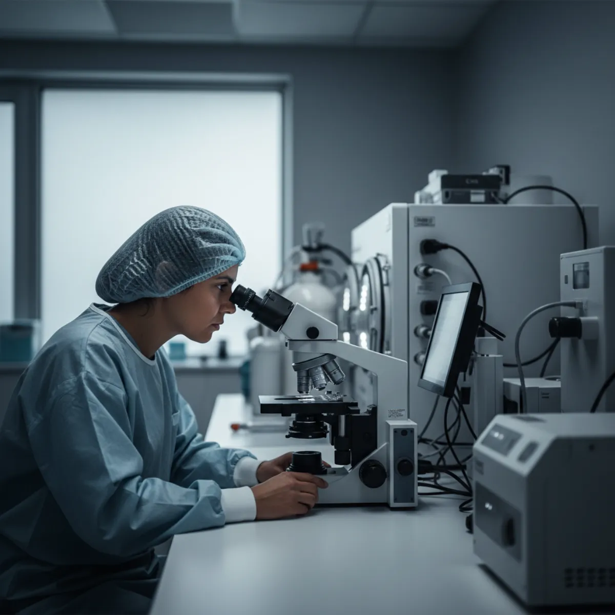 An embryologist at a microscope showing how egg freezing works