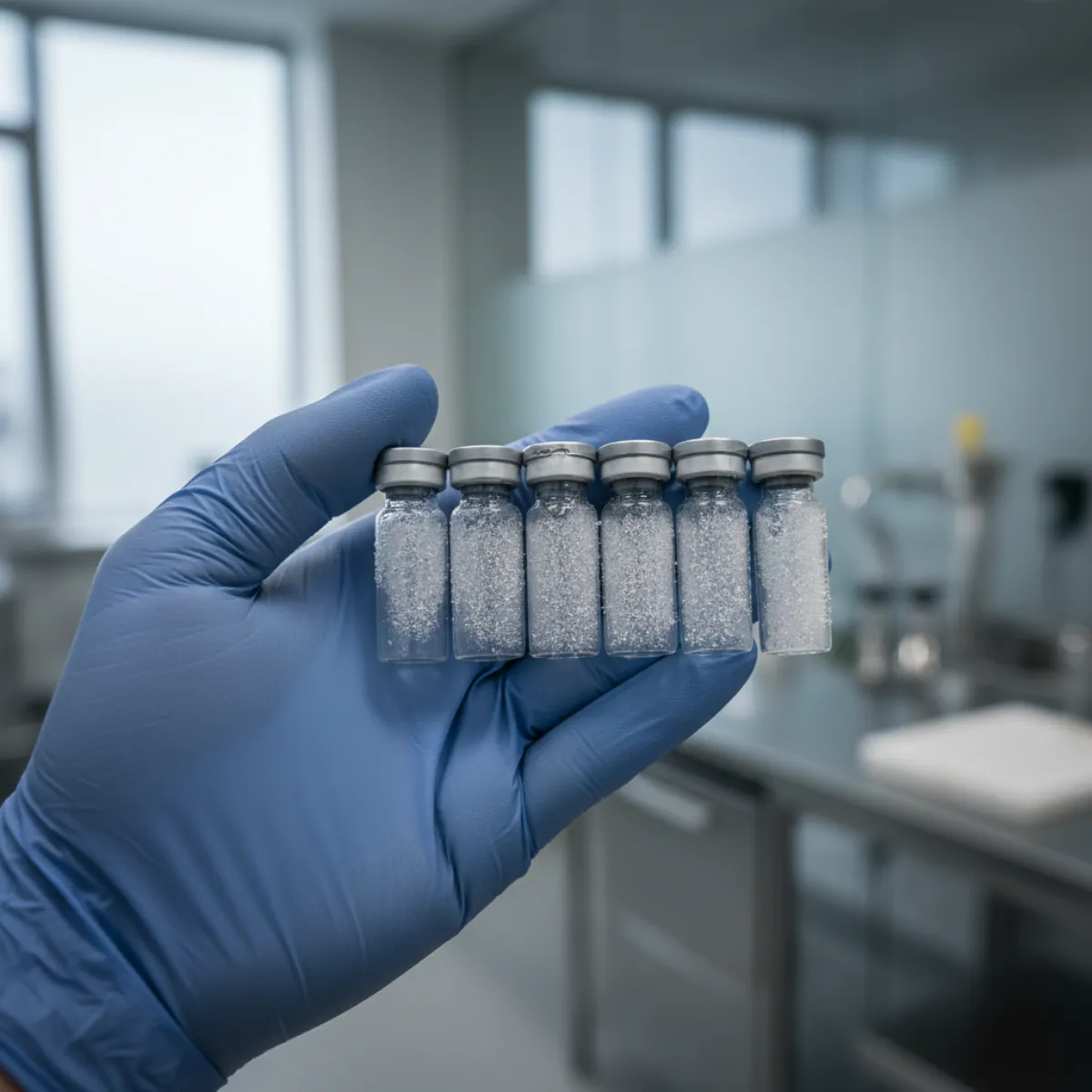Labeled cryogenic vials in an embryologist's gloved hand