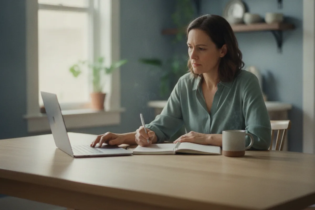 A woman comparing egg freezing clinics at a kitchen table with a laptop and notebook in morning light