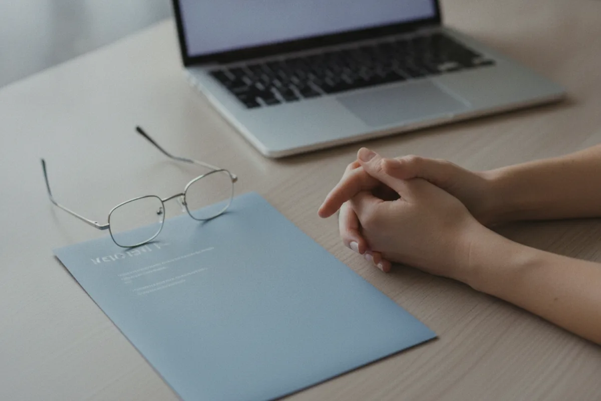 Hands reviewing a printed fertility clinic report and reading glasses on a desk beside a laptop
