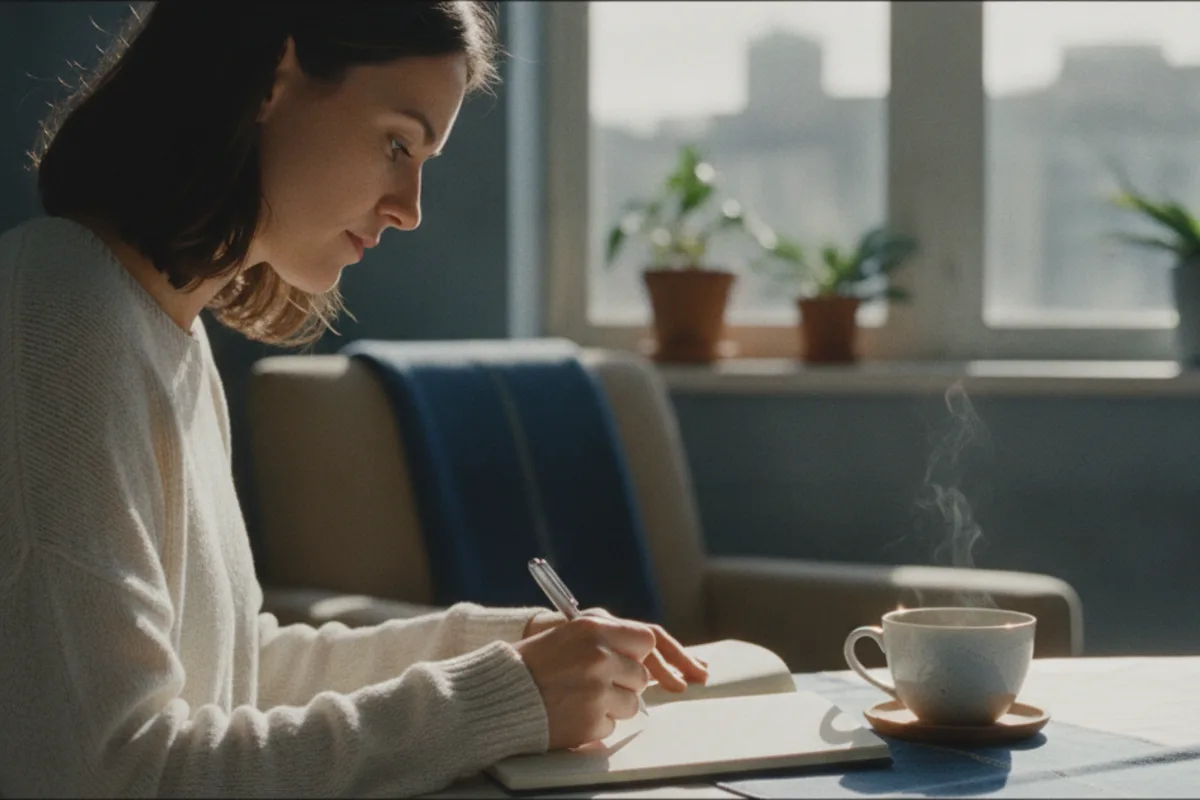 A woman writing a list of questions to ask an egg freezing clinic in a notebook by a window