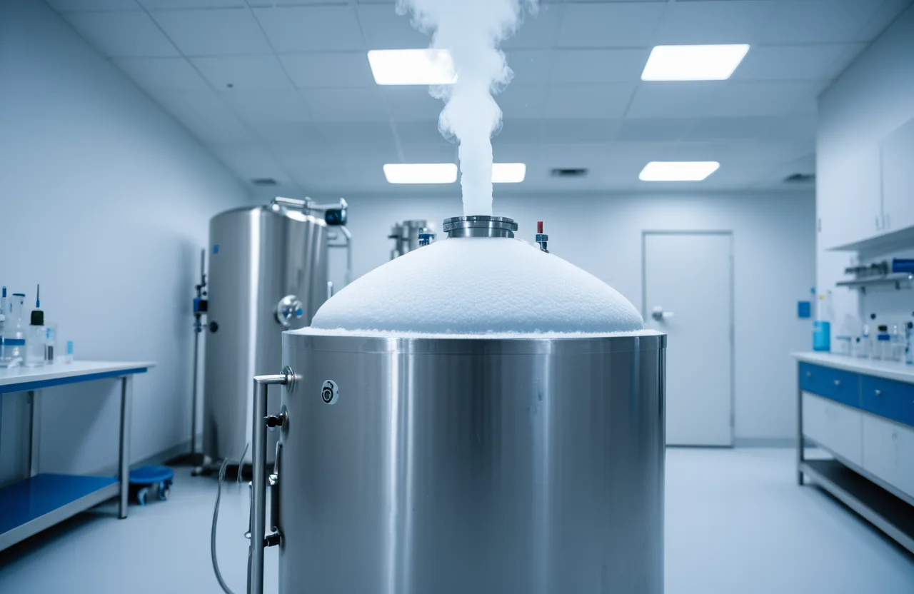 Liquid nitrogen storage tank in an embryology lab under cool clinical light