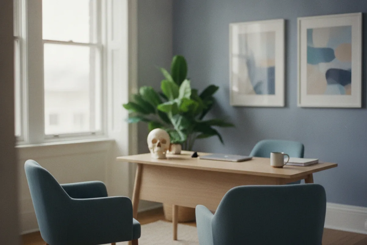 A calm reproductive endocrinology consultation room in soft natural light